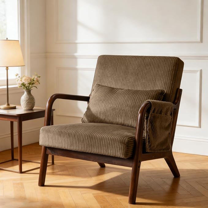 Mid-Century Modern Accent Chairs Upholstered Fabric Lounge Arm Chair with Storage Pocket Lumbar Cushion &amp Solid Wood Frame for Living Room Bedroom Balcony (Camel)