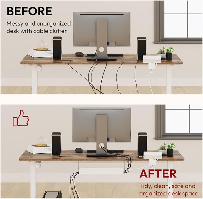 SANODESK Electric Standing Desk with Desk Clamp Power Strip 48x 24 Whole-Piece Desktop Height Adjustable Stand Up with Cable Management Sit Stand Home Office White Frame/Rustic Brown Top