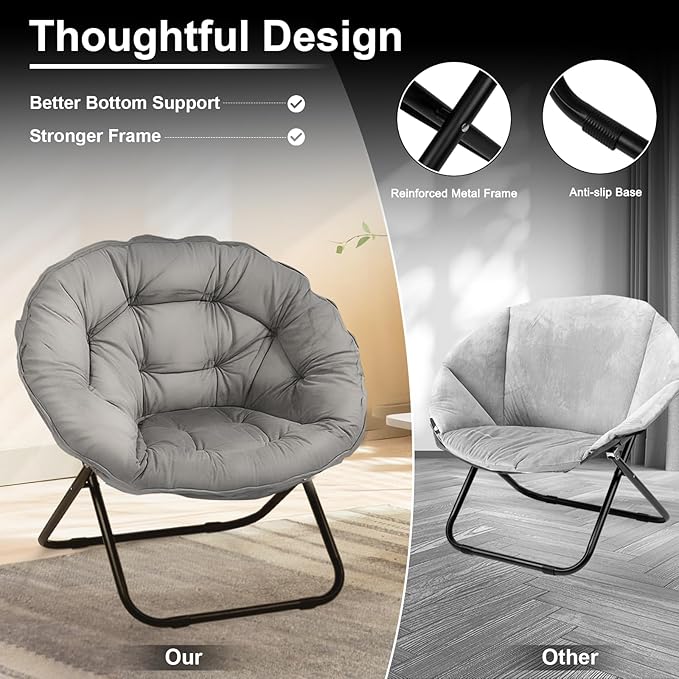 Folding Saucer Chairs for Living Room Circle Chairs with Faux Fur Moon Saucer Chairs for Adults Dorm Reading (Gray)