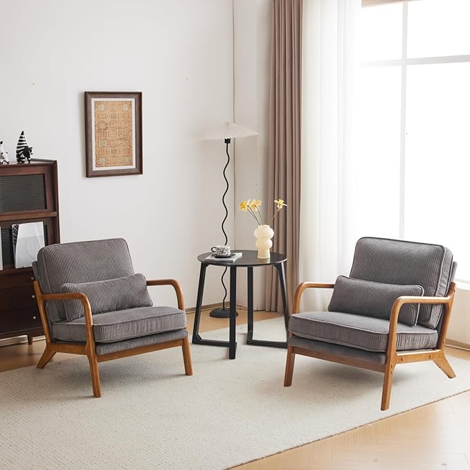 Karl home Mid-Century Modern Accent Chair Living Room Chairs with Pillow Corduroy Upholstered Lounge Armchair with Solid Wood Frame &amp Soft Cushion for Bedroom Reading Room Gray