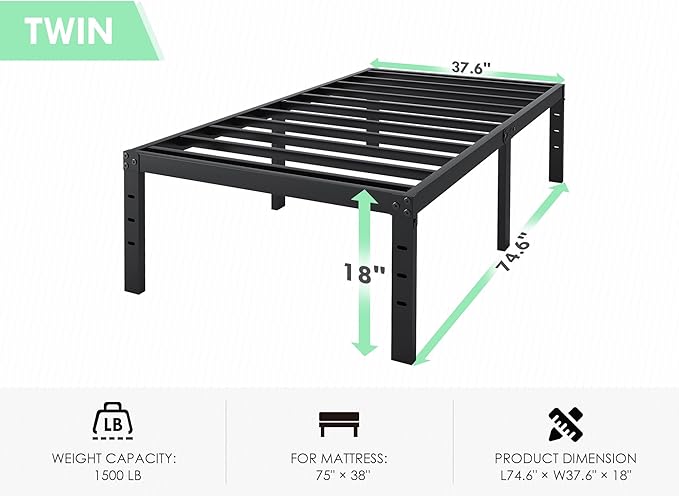 Twin Bed Frame - 18 in Sturdy Platform Bed Frame Twin Size Heavy Duty Metal Bed Frame No Box Spring Needed Quick &amp Easy Assembly No Noise Black