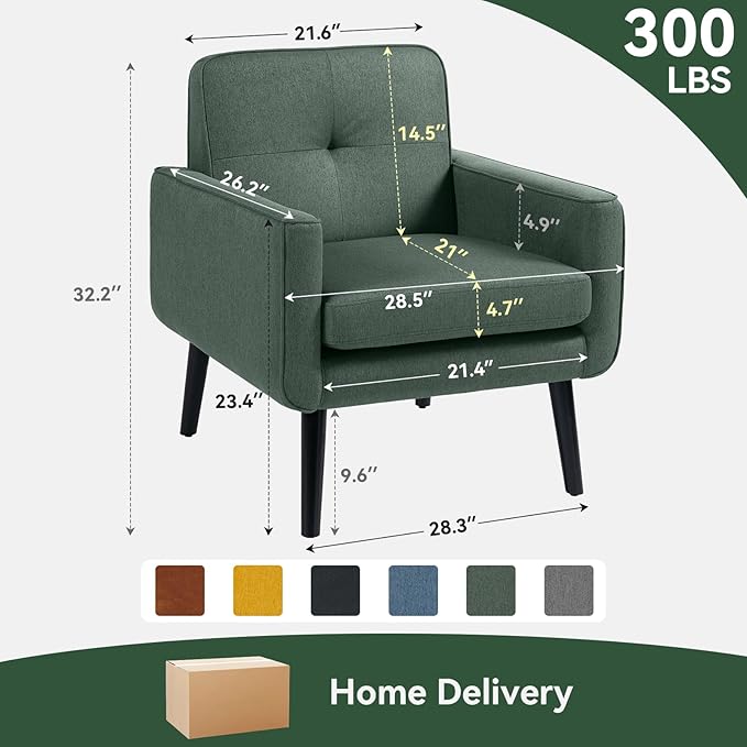 Mid Century Accent Chair Fabric Modern Chair with Wooden Frame Cozy Armchair Reading Chair with Comfy Back for Apartment Living Room Bedroom Waiting Room Small Space Corner Green