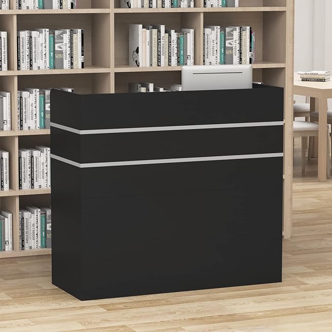 Homsee Modern Reception Desk with 3 Drawers 1 Door Storage Cabinet &amp Hutch Shelf Office Wooden Computer Desk Writing Study Table PC Laptop Desk Black (47.3 L x 18.3 W x 43.3 H)