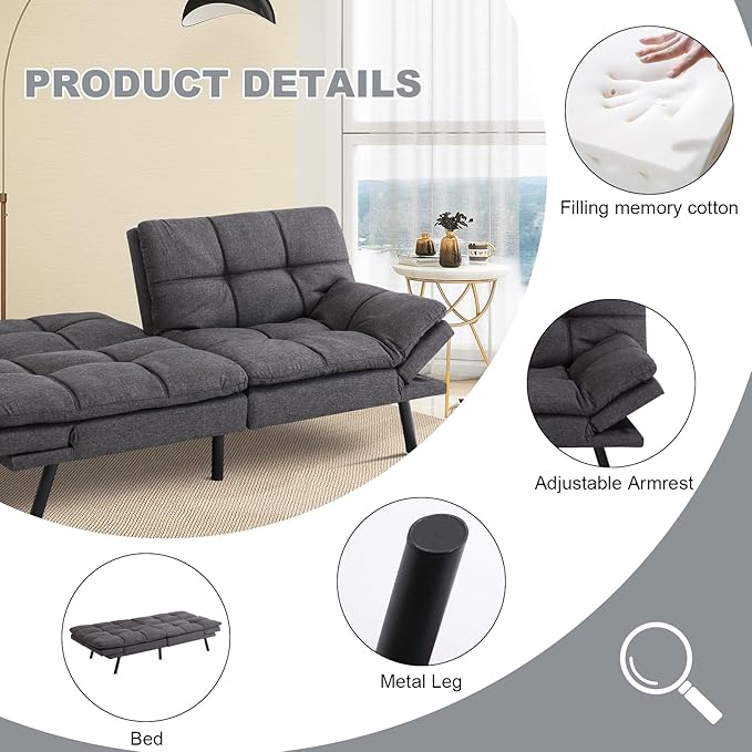 Futon Sofa Bed Convertible CouchMemory Foam Futon Sofa CouchSleeper Futons Sofa CouchesSmall Splitback Modern Loveseat Sofa Bed for Living RoomOfficeApartmentLinen FabricDark Gray.