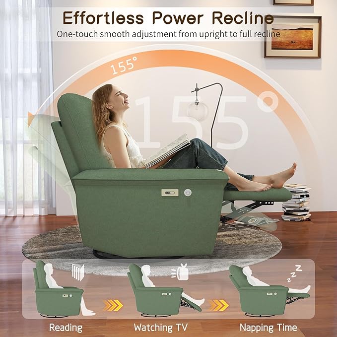 cinkehome Power Swivel Rocker Recliner Electric Glider Recliner for Nursery with USB &amp Type-C and Phone Holder Upholstered Rocking Recliner for Living Room Nursery Green