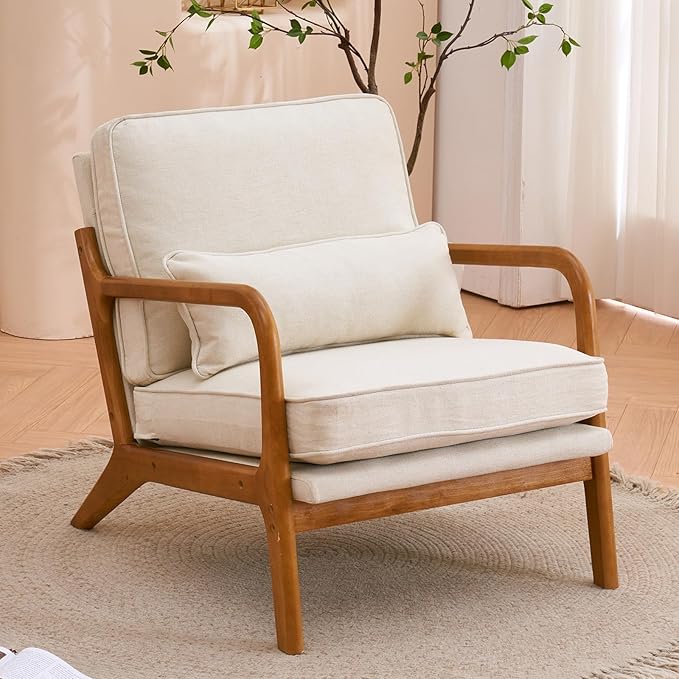Mid Century Modern Accent Chair with Wood Frame Upholstered Lounge Linen Fabric Armchair Comfy Reading Leisure Chair with Cushion for Living Room Bedroom Balcony Beige