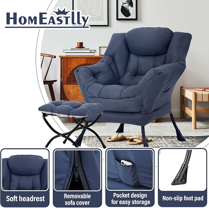 Lazy Chair with Ottoman Large Navy Accent Chair with Ottoman Comfy Reading Armchair Leisure Sofa Chair for Living Room Bedroom Dorm Room Office