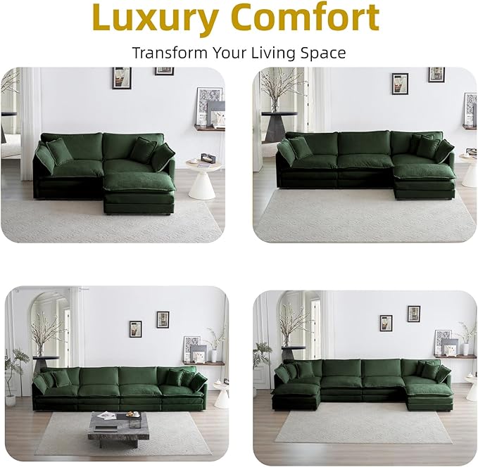 111.5 Modular Sectional Sofa Deep Seat Cloud CouchConvertible 3-Seater Comfy Chenille Upholstered Sofa Set for Living Room Apartment Studio – Green