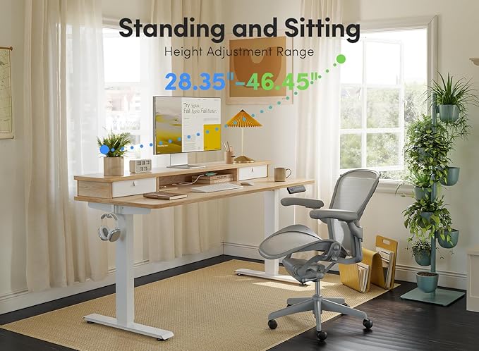 FEZIBO 55 x 24 Inch Height Adjustable Electric Standing Desk with Double Drawer Computer Desk Home Office Stand Up Table with 4 Height-Adjustable Feets &amp 2 Hooks Maple