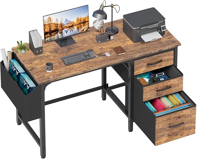 Lufeiya Computer Desk with File Drawers Cabinet 47 Inch Reversible Home Office Desks with Fabric Filing Cabinet for Small Space Study Writing Table PC Desks Rustic Brown
