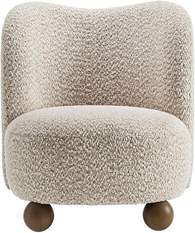 Pemberly Row Boucle Upholstered Accent Chair Coral Fabric Walnut Wood Feet Dense Foam Padding Sinuous Spring Support Low-Profile Barrel Design Mid-Century Style for Living Room or Bedroom