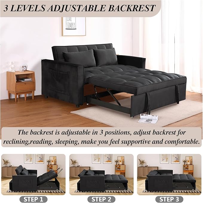 Sleeper Sofa Velvet Pull Out Sofa Bed Convertible Sofas Couch Adjustable Backrest Loveseat Sofa Couch Side Pocket for Living Room OfficeSmall Space-Black
