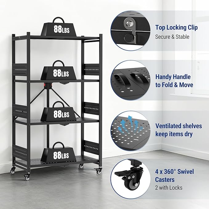 WORKPRO 4-Tier Folding Shelf No-Assembly Metal Storage Rack with Wheels 600 lbs Capacity (with Leveling Feet) Collapsible Shelving Unit for Kitchen Pantry Bathroom &amp Closet Organization