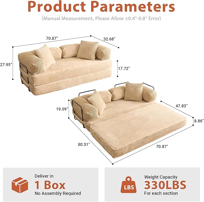 81'' Foldable Sofa Bed Convertible Sleeper Sofa with Fixed-Shape Frame Boneless Corduroy Foldable Couch Bed for Small Spaces Living Room Bedroom Studio(BeigeCorduroy Sofa Bed)