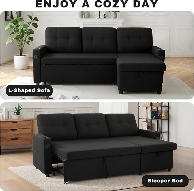 82 Pull Out Sofa BedL-Shape Modern Sleeper Sofa Upholstered Sectional Couch with USB Port and Side Pockets for Living RoomGuest Room (Black)