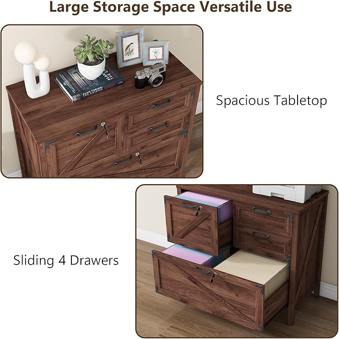 Lateral File Cabinet with 4 Drawers Farmhouse File Cabinet for Letter/Legal/A4 Size Hanging Files Large Wood File Storage Cabinets Printer Stand for Home Office Cabinets Brown with Lock