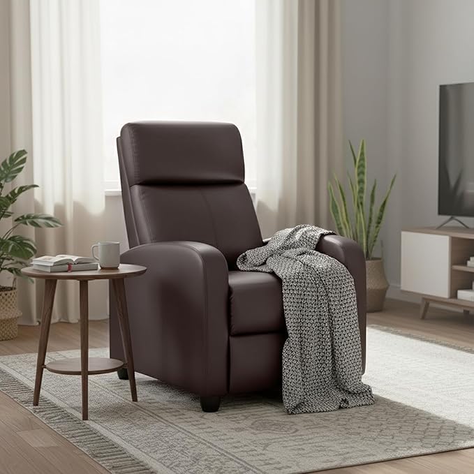 PayLessHere Recliner Chair Single Reclining Sofa Home Theater Seating with Lumbar Support and Padded Backrest for Living Room and Bedroom (Leather Brown-Massage)