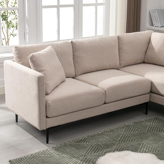 BALUS 107 Width Sectional L Shaped Sofa Couch Set for Living Room Convertible Oversized 5-Seat Corner Sofa Sets with 2 Pillows Modern Linen Sofas with Metal Legs for Living Room Apartment - Beige