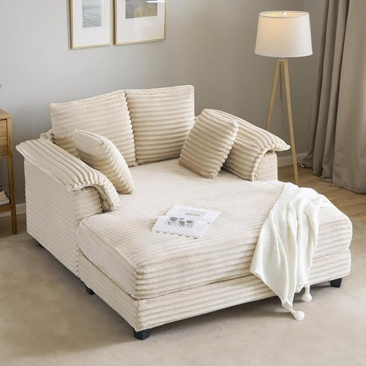 VINGLI 56 Oversized Chaise Lounge Chair Beige Comfy Corduroy Chaise Sofa Recliner Bed Upholstered Sleeper Couch Bed with Throw Pillows and Armrests for Living Room Movie Room Bedroom