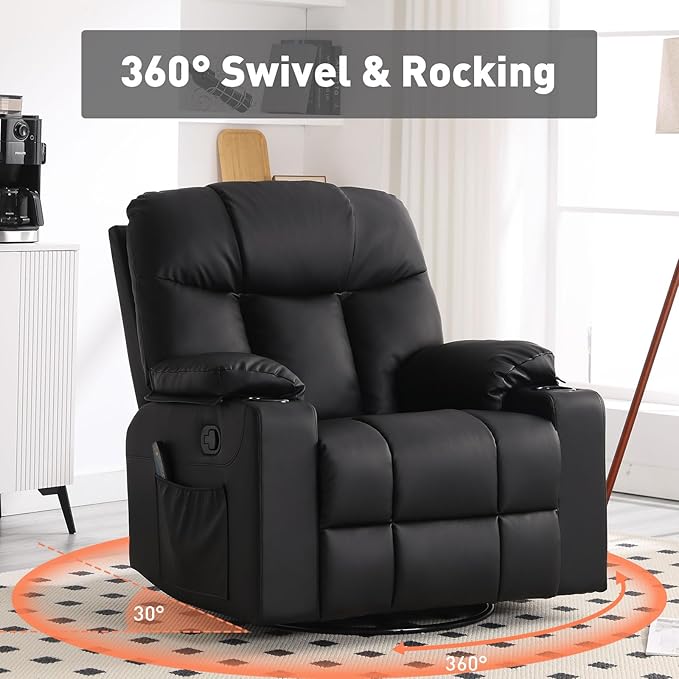 Bonzy Home Oversized Swivel Rocker Recliner 40 Rocking Recliner Chair with Heated and Massage PU Leather Single Sofa with Swivel Function 2 Cup Holders for Living Room Bedroom Black