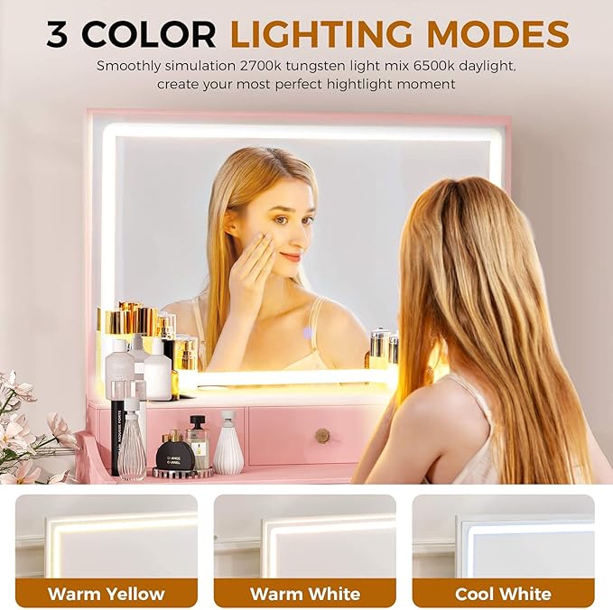 COMHOMA Makeup Vanity Desk with Mirror and Lights Vanity Table and Chair Set with 5 Drawers and Charging Station Bedroom Dresser LED Mirror Stepless Dimmable &amp 3 Color Modes Adjustable Pink