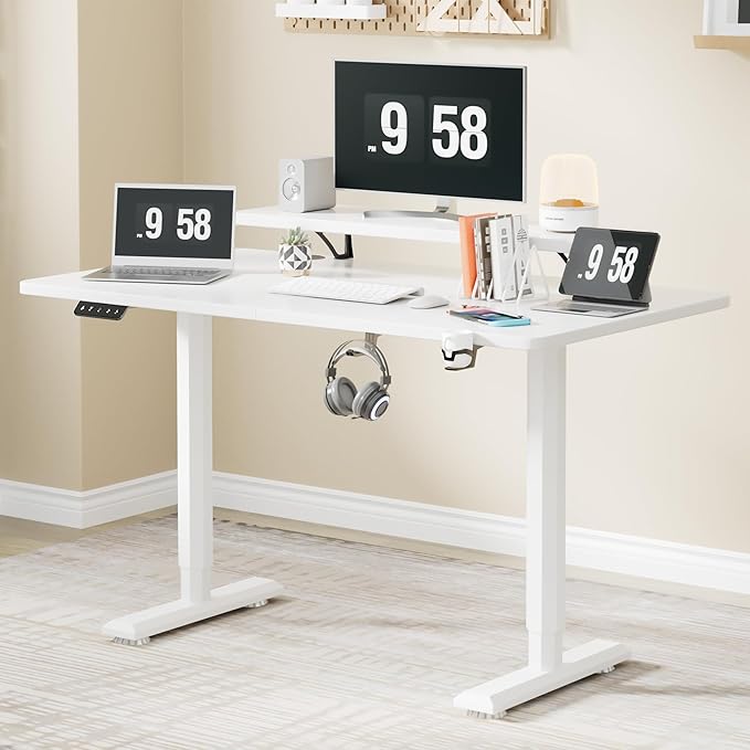 YESHOMY Electric Standing Desk with Monitor Shelf 47 x 24 Inches Height Adjustable Corner Table Computer Workstation with Cup Holder and Hook for Home Office White 47x24 Inch