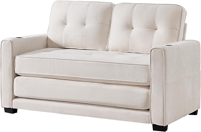 Convertible Sofa Bed Pull Out Loveseat Sleeper CouchLinen Fabric 2 in 1 Folding Couch Bed Fold Out Floor Futon Couches with Cup Holder for Living Room BedroomSmall Space Beige