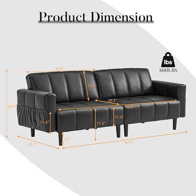83 Mid Century Modern Futon Sofa Bed 3 Seater Faux Leather Couch with Adjustable Backrest Comfy Upholstered Sleeper Sofa for Living Room Apartment Home Office (Black)