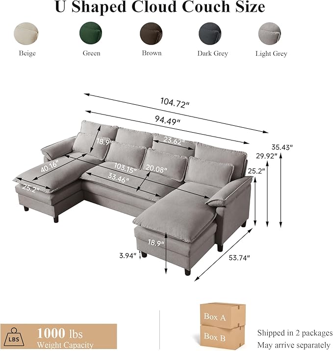 105 U Shaped Cloud Couch Sectional 4 Seat Home Sofa Living Room Comfy Couches with Storage Ottoman Double Layer Cushion Modular Sofas for Bedroom Apartment and Office Light Grey