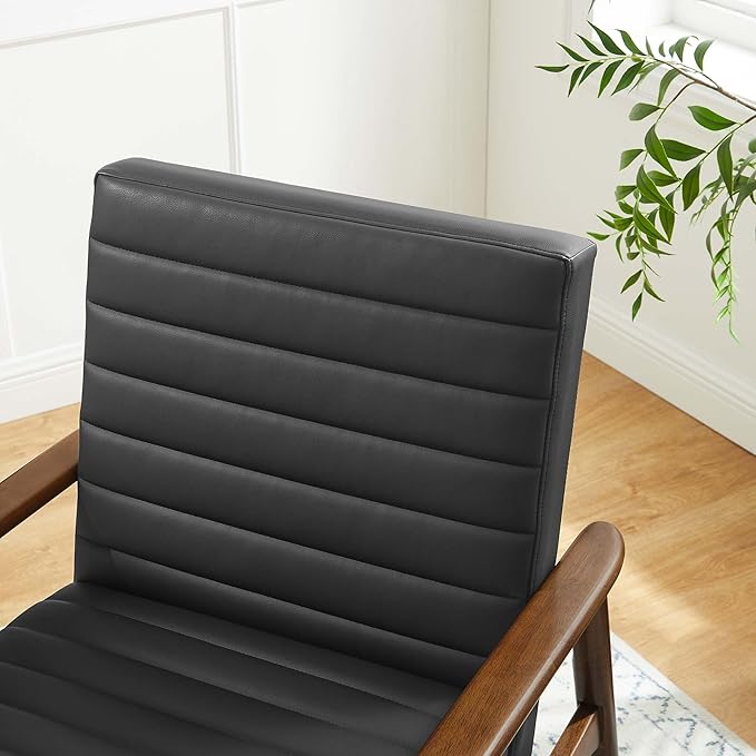 Modway Jensen Vegan Leather Accent Chair in Walnut Black - Mid-Century Modern Armchair with Solid Wood Legs &amp Armrest - Upholstered Faux Leather Single Side Chair - Reading Chair for Living Room