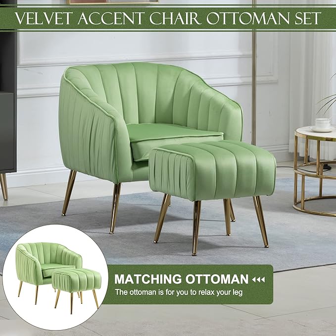 Velvet Accent Sofa Chair with Ottoman Comfy Living Room Chairs with Adjustable Legs Modern Upholstered Tufted Lounge Barrel Chair Ottoman Set for Bedroom Home Office (Grass Green)