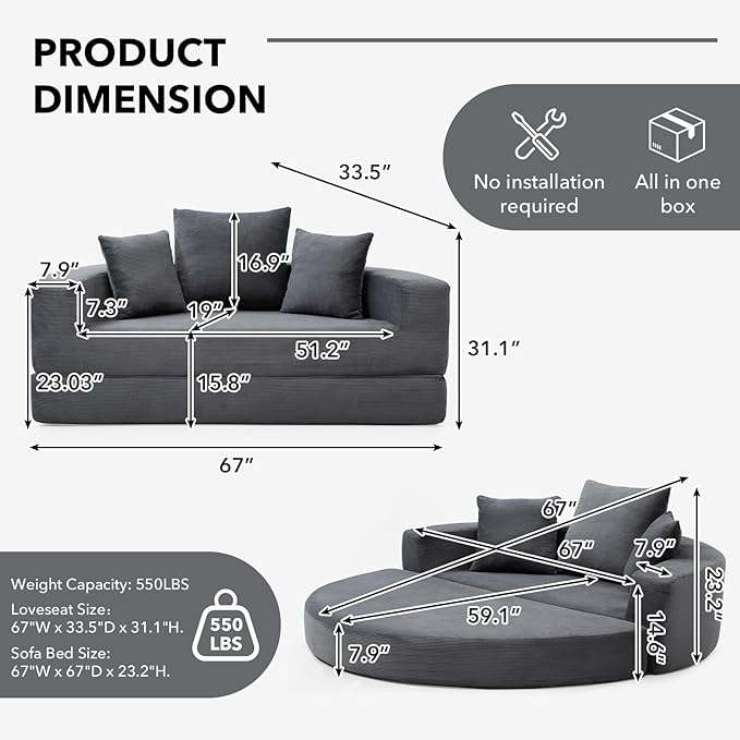 Round Boneless Couch Corduroy Upholstered Folding Convertible Sofa Bed with Pillows 2-in-1 Futon Sofa Bed with Half-Circle Design Comfy Loveseat for Living Room Apartment (Gray)