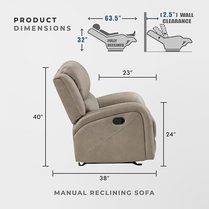 Lexicon Manual Double Reclining Sofa Polished Microfiber Manual Wall Hugger Sofa Recliner for Living Room Home Theater Seating Track Arm Stitching Cushion Padded Foam Seat Cushion Brown