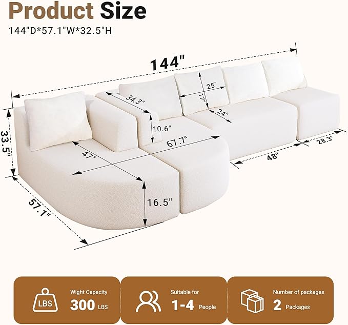144 Modular Sectional Sofa No Assembly Required U-Shaped Cloud Couch with Chaise Modern Curved Boneless Sofa in Luxurious Boucle Fabric Deep Seats Memory Foam (White) | Zero-Assembly Design Clou