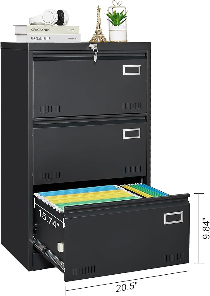 3 Drawer Metal Lateral File Cabinet with Lock Office Vertical Files Cabinet for Home Office Legal Letter A4 Large Capacity Security Lock Heavy-Duty Steel Adjustable File Bars (Black)