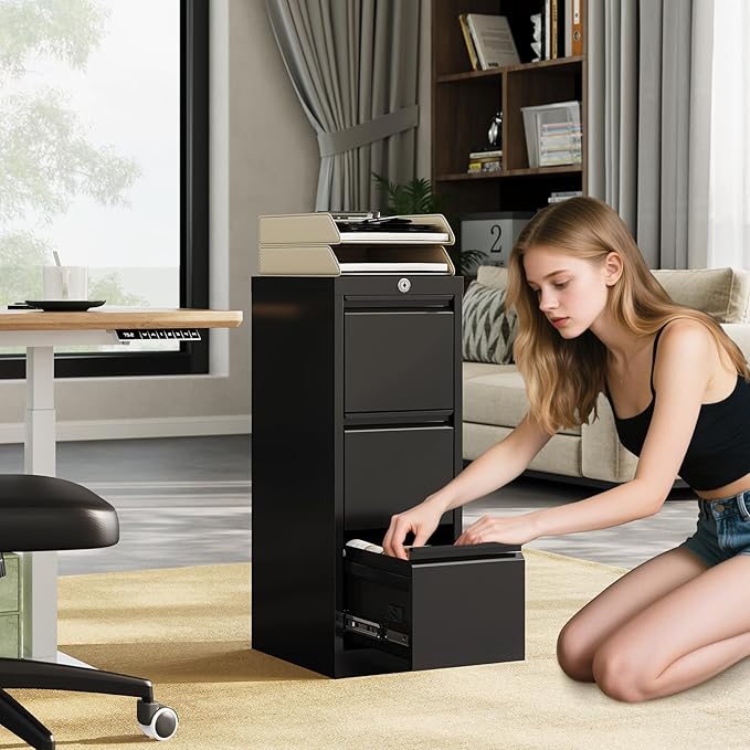 3-Drawer Lateral File Cabinet with Lock Heavy Duty Metal Filing Cabinet for Letter/Legal/A4/F4 Documents Space-Saving Vertical Office Storage Organizer for Home Office Easy Assembly Black