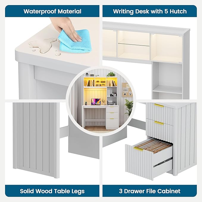 Standing Desk with LED Light for Office Room Smart Computer Desk with Hutch and Drawer for Game RoomModern Study Table with 2AC Port Charging Station/Lamp/for Bedroom (White)