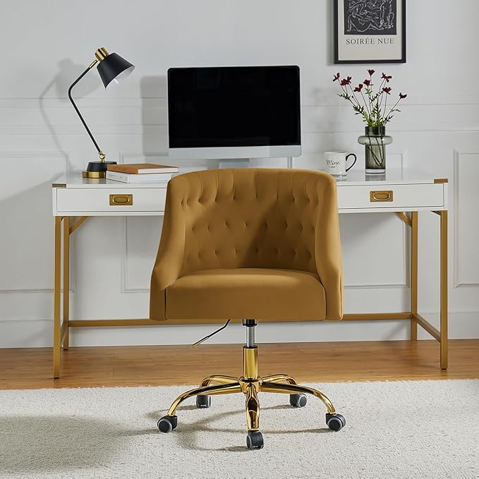 TINA'S HOME Velvet Home Office Chair with Gold Base Comfortable Modern Cute Desk Chair Adjustable Swivel Task Chair for Living Room Bedroom Vanity Study Golden