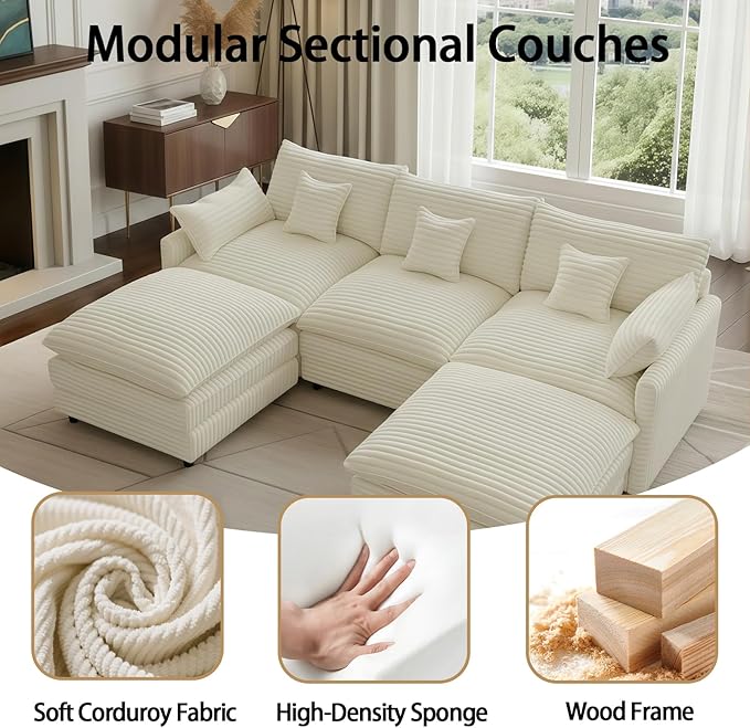 108'' Modular Sectional Sofa U-Shaped Sectional Couch with Deep SeatComfy Fluffy Soft Corduroy 5-Seat Couches Modern Convertible Cloud Sofa with Ottoman for Living Room Apartments(Beige)