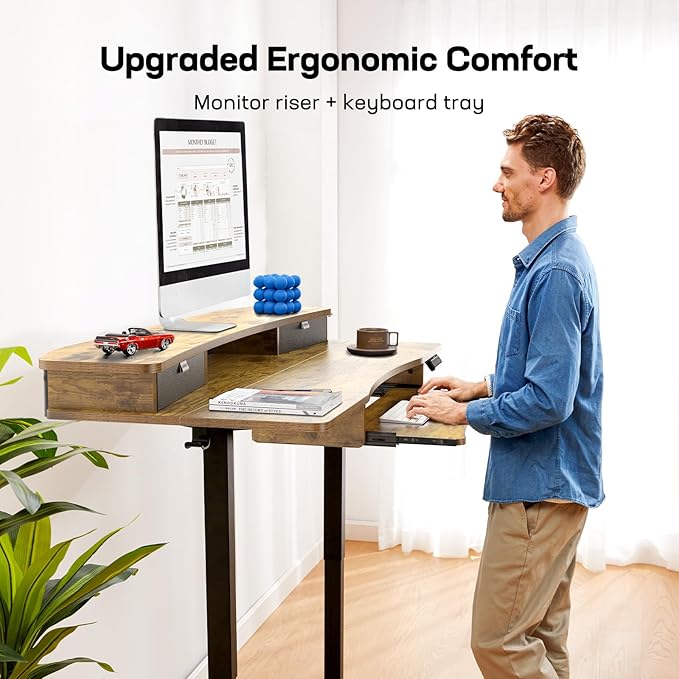 HUANUO 48 x 26 Electric Standing Desk with 2 Drawers &amp 26.7 Large Keyboard Tray C-Clamp Mount Compatible Adjustable Computer Desk for Home Office Stand Up Desk with 4 Height Presets Vintage