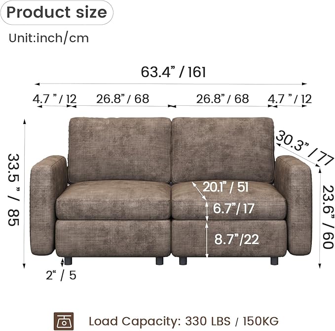 Modern Brown Modular Sofa with Deep Seating Soft Cushions Sectional Couch Available in Loveseat or Multi-Seat Options Minimalist Design for Office Living Room or Bedroom (Loveseat)