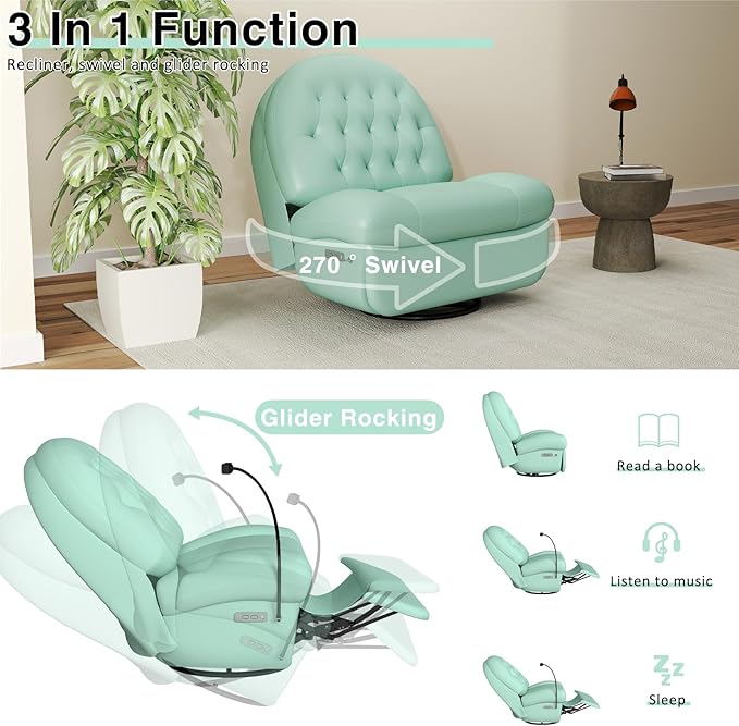 Kinfant Power Swivel Rocker Recliner Chair Swivel Rocking Sofa with Button Control Phone Holder &amp USB Ports for Living Room Bedroom (Green)