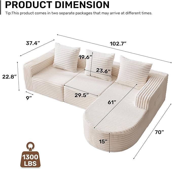Boneless Cloud Couch Modular Sectional Sofa L-Shape with Chaise 102 Soft Faux Fur Deep Seat &amp 3 Pillows &amp 2 Side Pockets for Living Room Bedroom (Beige Right Chaise)