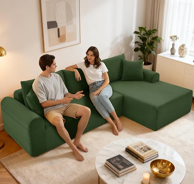 103 Modular Sectional Sofa with Chaise Cloud Sectional Couch with Deep Seat Modular L-Shape Sofa Corduroy Boneless Couch for Living RoomBedroomNo Assembly Required(Green Right Facing Chaise)