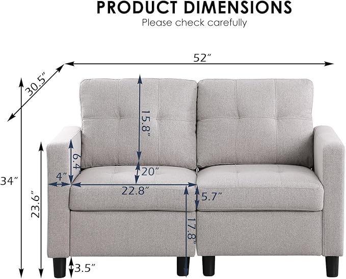 BEEY Loveseat Sofa 52 Small Loveseat Couch for Small Spaces 2 Seater Modular Sectional Couches for Living Room Bedroom Apartment in Dark Grey