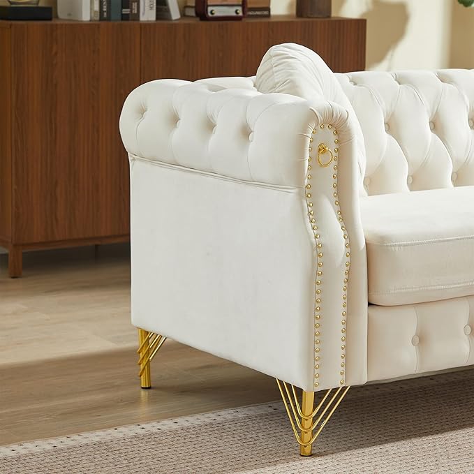 Antetek Set of 3 Chesterfield Sofas Oversized Mid Century Modern Sofa Couch with Button Tufting &amp Rolled Arms Comfy Upholstered Velvet Deep Seat Couch Set for Living Room Office Beige(3 Pieces)