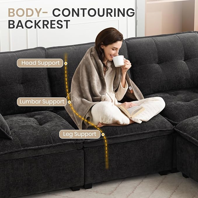 98'' Modular Sectional Cloud Couch with Movable Ottoman 3-Seater Chenille Deep Seat Sofa with Throw Pillows L Shaped Sectional Couches for Living Room Apartment(Black 3-seat)