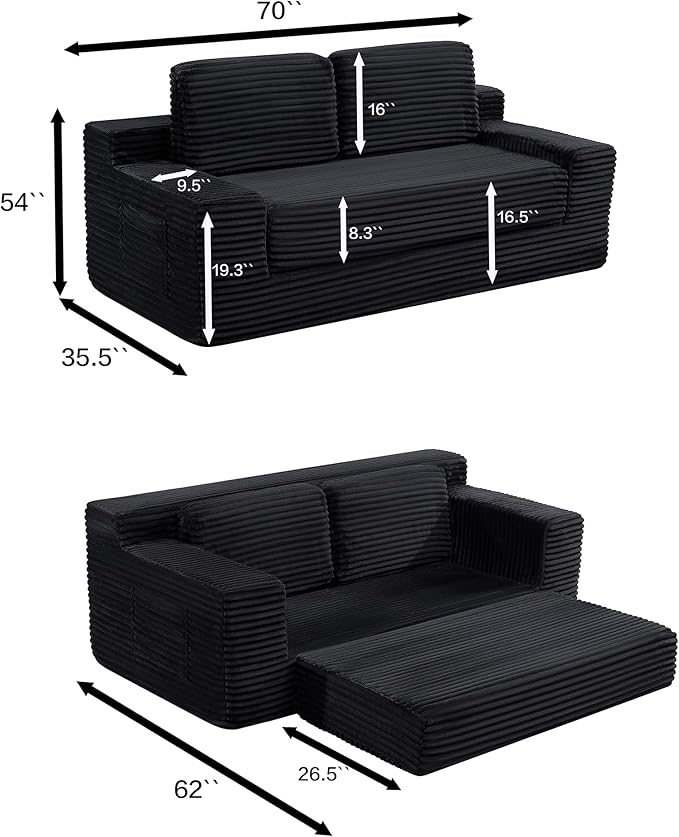 Loveseat Cloud Boneless Couch Upholstered Floor Sofa with Armrests 2-in-1 Convertible Corduroy Couch Bed for Living Room Apartment Black