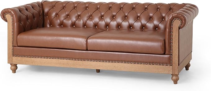 Merax 3 Seat PU Chesterfield Sofa Retro Style Upholstered Leather Couch Rolled Arm for Living Room Bedroom Office Light Brown