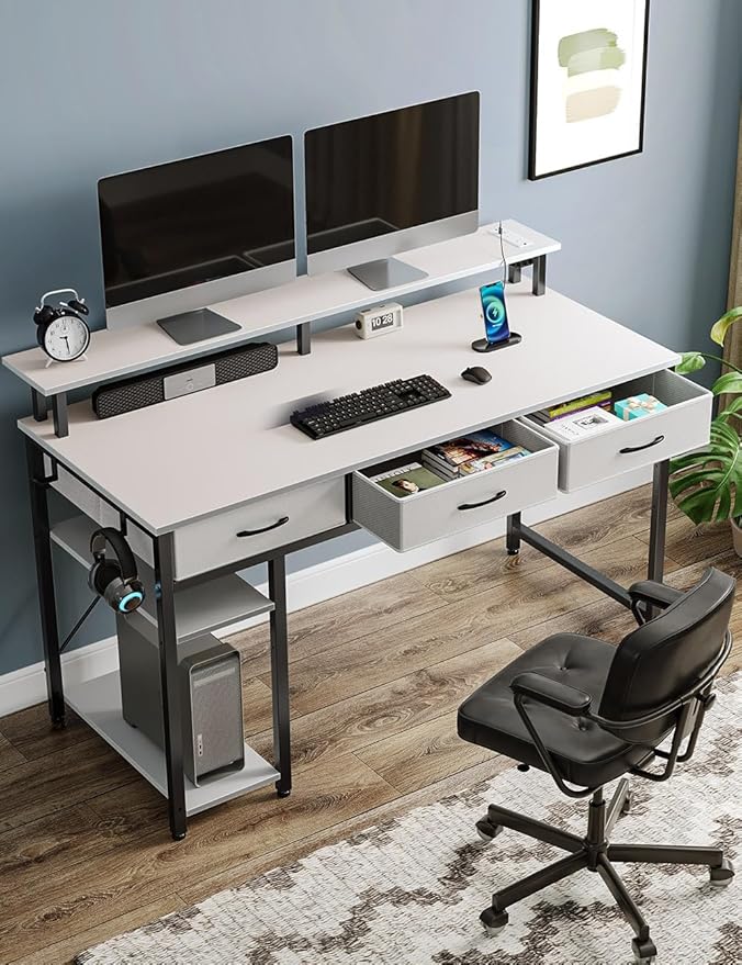 Rolanstar Computer Desk with Power Outlets &amp LED Light 39 inch Home Office Desk with 3 Drawers and Storage Shelves Writing Desk with Monitor Stand Work Desk for Home OfficeWhite
